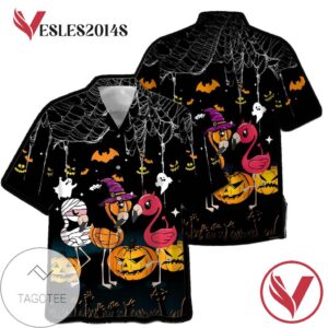 Halloween Flamingo And Pumpkin Print Short Sleeve Hawaiian Casual Shirt Vesles2014S