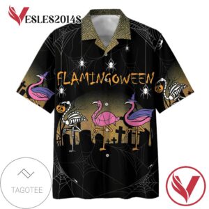 Halloween Flamingoween Print Short Sleeve Hawaiian Casual Shirt Vesles2014S