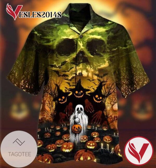 Halloween Ghost And Pumpkin 1 Print Short Sleeve Hawaiian Casual Shirt Vesles2014S 1