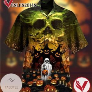 Halloween Ghost And Pumpkin 1 Print Short Sleeve Hawaiian Casual Shirt Vesles2014S