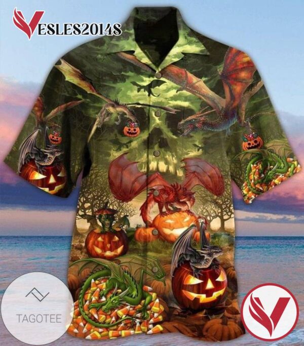 Halloween Pumpkin And Dragon Print Short Sleeve Hawaiian Casual Shirt Vesles2014S 1