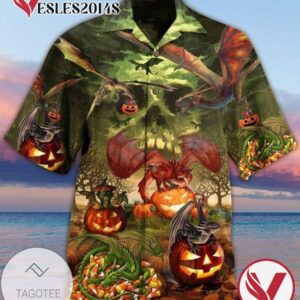 Halloween Pumpkin And Dragon Print Short Sleeve Hawaiian Casual Shirt Vesles2014S