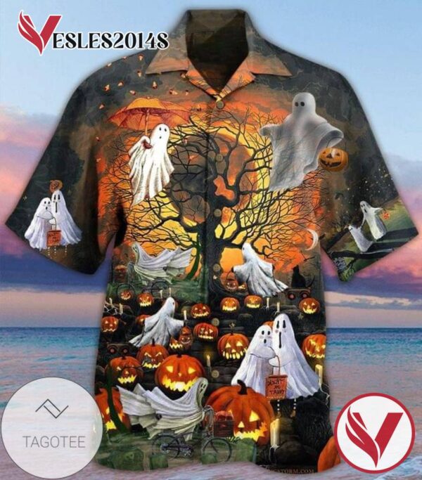 Halloween Pumpkin And Ghost Print Short Sleeve Hawaiian Casual Shirt Vesles2014S 1