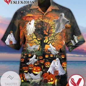Halloween Pumpkin And Ghost Print Short Sleeve Hawaiian Casual Shirt Vesles2014S