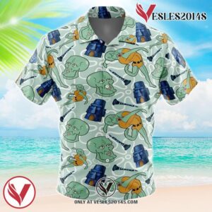 Handsome Squidward Pattern Spongebob Squarepants Hawaiian Button Up Shirt, Perfect Gifts For Anime Lovers - Vesles2014S