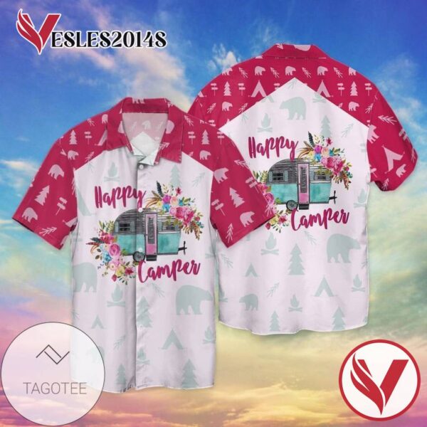 Happy Camper Bus And Flowers For Men And Women Graphic Print Short Sleeve Hawaiian Casual Shirt Vesles2014S 1