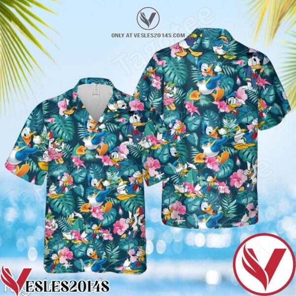 Happy Donald Duck Disney Cartoon Graphics Tropical Forest Teal Hawaiian Shirt And Short, Unique Gifts For Friends - Vesles2014S 1