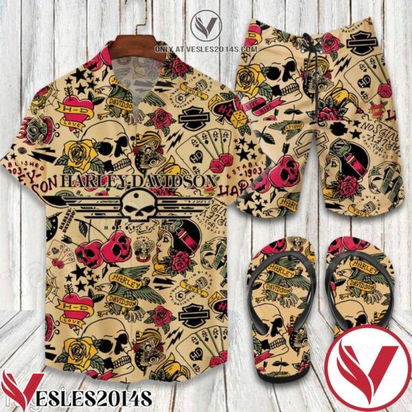 Harley Davidson Combo Hawaiian Shirt, Beach Shorts And Flip Flop, Unique Gifts For Friends - Vesles2014S 1