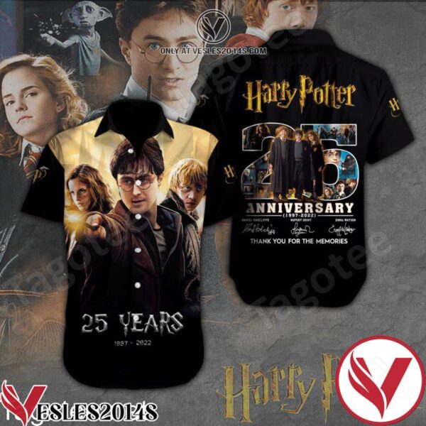 Harry Potter Signatures 25 Years Anniversary Black Hawaiian Shirt And Short, Unique Gifts For Friends - Vesles2014S 1