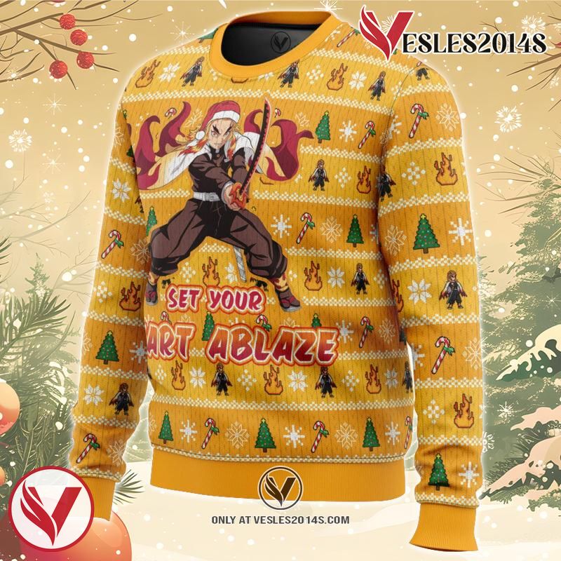 Heart Ablaze Rengoku Demon Slayer Christmas Sweater 1