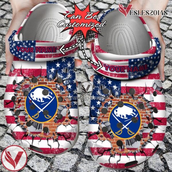 Hockey Personalized BSabres American Flag Breaking Wall Clog Shoes, Unique Gift From  Vesles2014S
