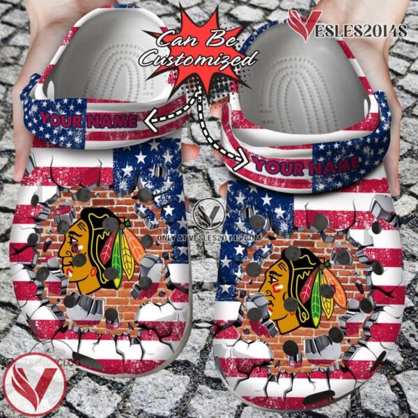 Hockey Personalized CBlackhawks American Flag Breaking Wall Clog Shoes, Unique Gift From  Vesles2014S