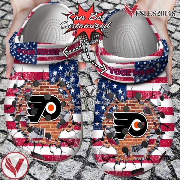 Hockey Personalized PFlyers American Flag Breaking Wall Clog Shoes, Unique Gift From  Vesles2014S