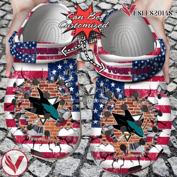 Hockey Personalized SJ Sharks American Flag Breaking Wall Clog Shoes, Unique Gift From  Vesles2014S