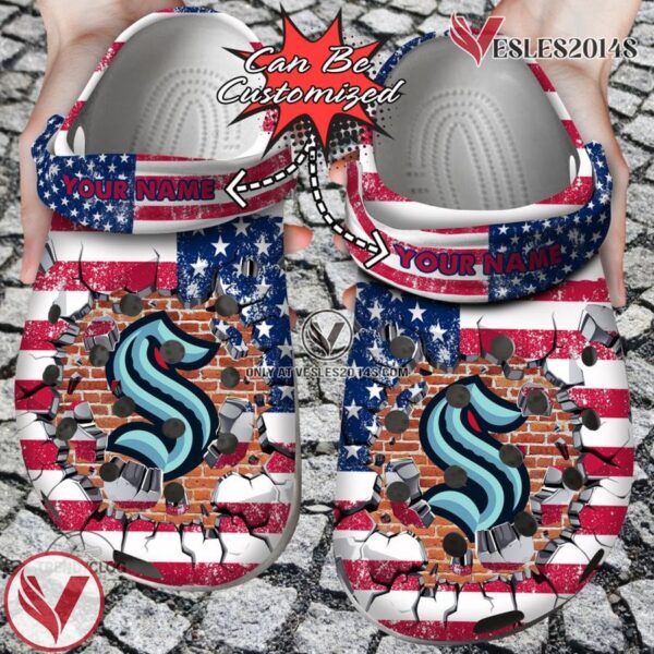 Hockey Personalized SKraken American Flag Breaking Wall Clog Shoes, Unique Gift From  Vesles2014S