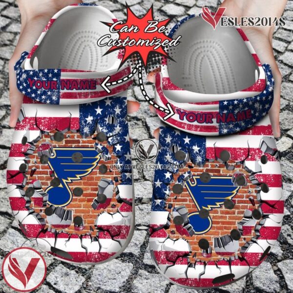 Hockey Personalized St Louis Blues American Flag Breaking Wall Clog Shoes, Unique Gift From  Vesles2014S
