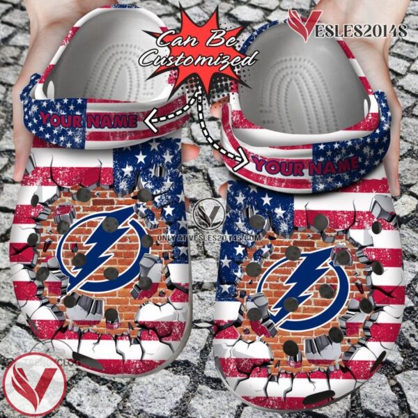 Hockey Personalized TB Lightning American Flag Breaking Wall Clog Shoes, Unique Gift From  Vesles2014S