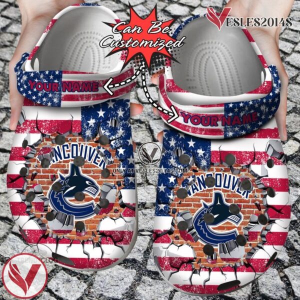 Hockey Personalized VCanucks American Flag Breaking Wall Clog Shoes, Unique Gift From  Vesles2014S