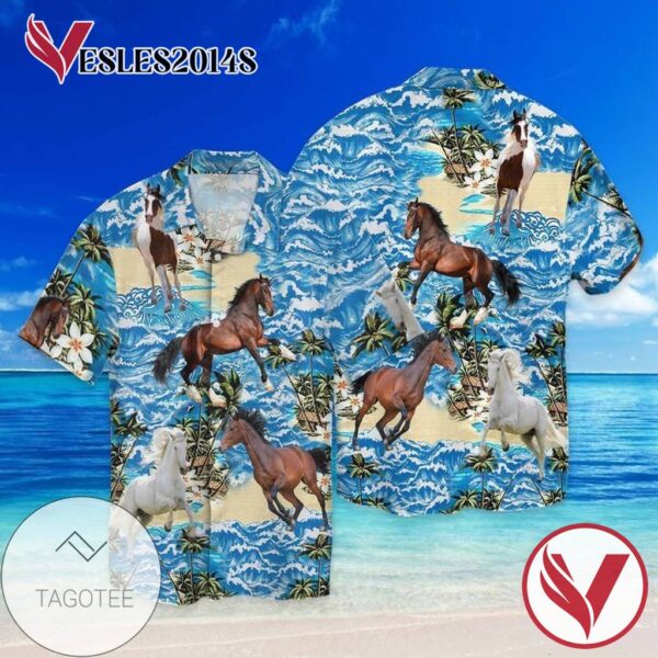 Horse With Sea For Men And Women Graphic Print Short Sleeve Hawaiian Casual Shirt Vesles2014S 1