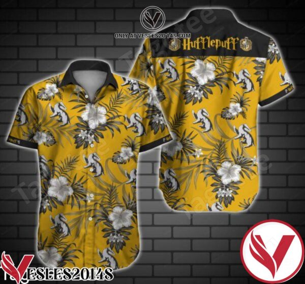 Hufflepuff Grey Tropical Floral Yellow Hawaiian Shirt, Unique Gifts For Friends - Vesles2014S 1