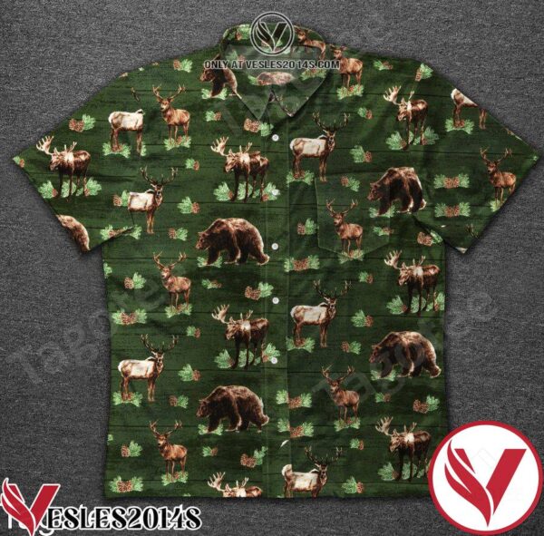 Hunting Deer And Bear Pine Nuts Green Hawaiian Shirt, Unique Gifts For Friends - Vesles2014S 1