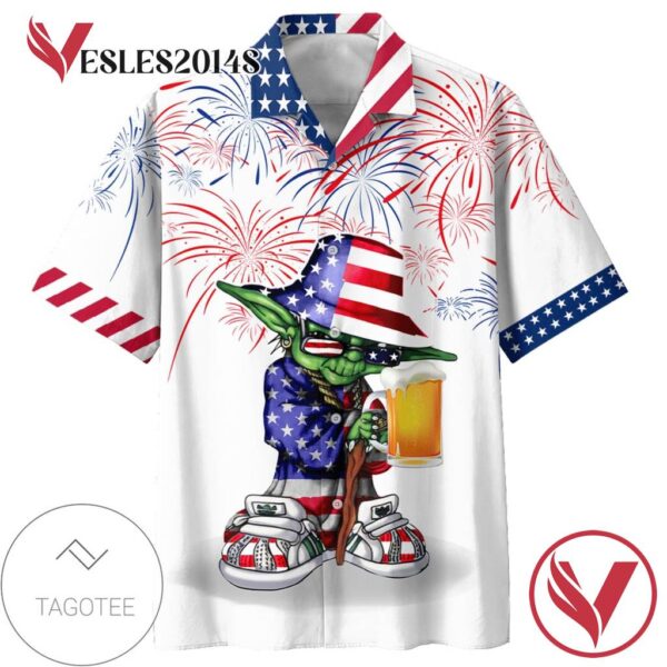 Independence Day Star Wars Yoda With Beer Hawaiian Graphic Print Short Sleeve Hawaiian Casual Shirt Vesles2014S