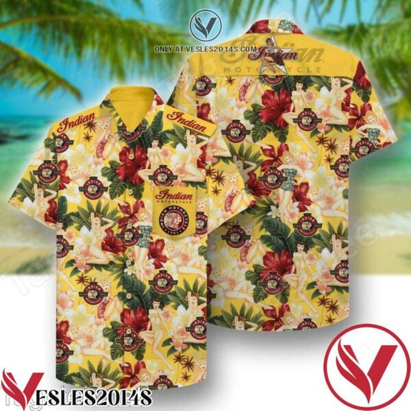 Indian Motorcycle Yellow Tropical With Girl And Hibiscus Hawaiian Shirt, Unique Gifts For Friends - Vesles2014S 1