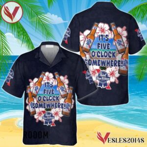 It's Five O'clock Somewhere Pabst Blue Ribbon Hawaiian Shirt, Best Summer Gifts For Fans - Vesles2014S 1