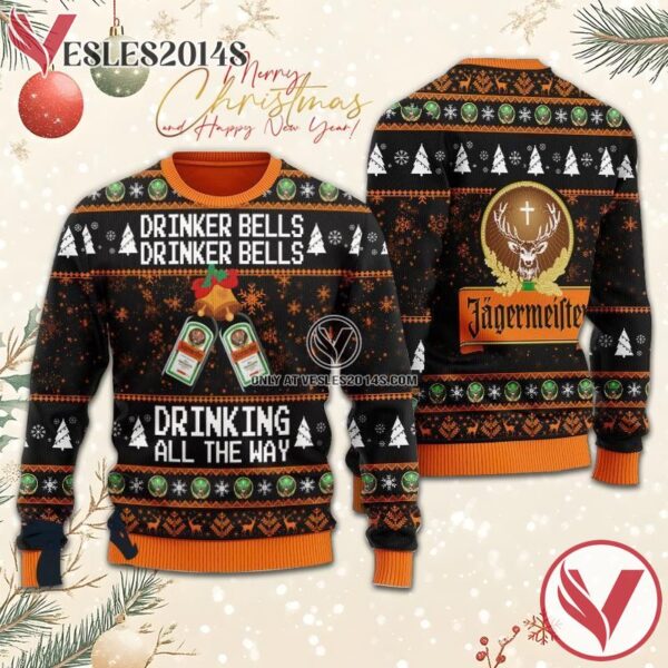 Jagermeister Drinker Bells Drinking All The Way Christmas Ugly Sweater, Unique Winter Outfits For Fans - Vesles2014S  1