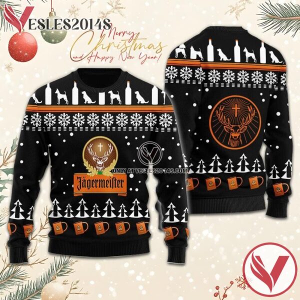 Jagermeister Puppy Snowflake Pattern Christmas Ugly Sweater, Unique Winter Outfits For Fans - Vesles2014S  1
