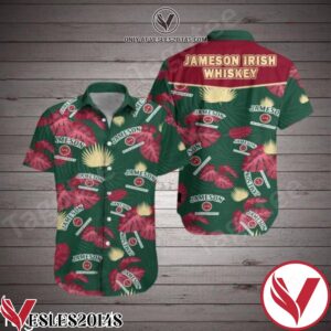 Jameson Irish Whiskey Red Tropical Leaves Green Hawaiian Shirt, Unique Gifts For Friends - Vesles2014S 1