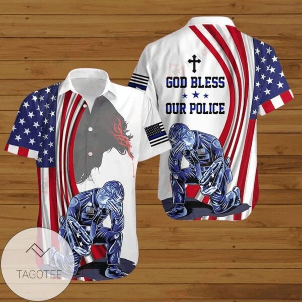 Jesus Bible American Flag 4th Of July Independence Day God Bless Our Police Graphic Print Short Sleeve Hawaiian Casual Shirt Vesles2014S 1