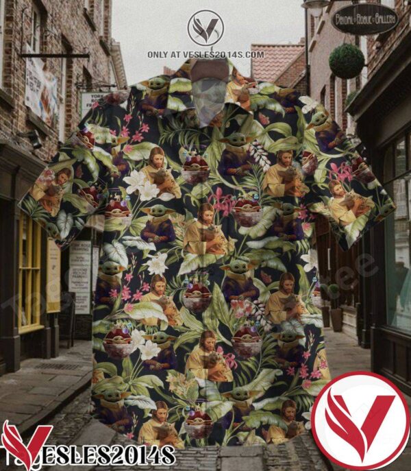 Jesus Hug Baby Yoda Tropical Flower Black Hawaiian Shirt, Unique Gifts For Friends - Vesles2014S 1