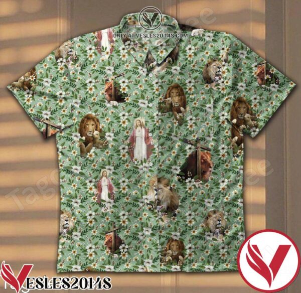 Jesus Lion And Lamb Little Flowers Green Hawaiian Shirt, Unique Gifts For Friends - Vesles2014S 1