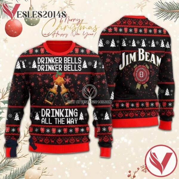Jim Beam Drinker Bells Drinking All The Way Christmas Ugly Sweater, Unique Winter Outfits For Fans - Vesles2014S  1
