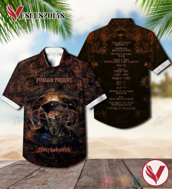 Judas Priest Nostradamus Brown Album Hawaiian Shirt, Best Gift For Music Lovers Vesles2014S