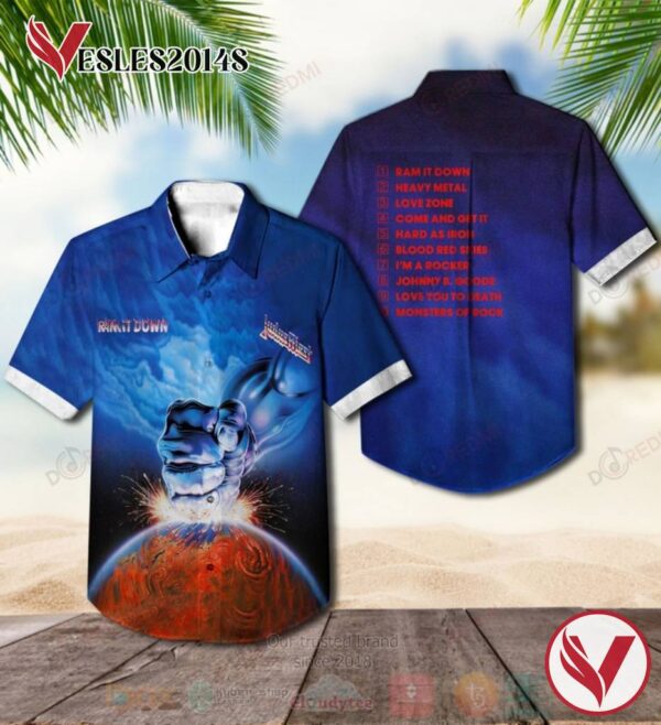 Judas Priest Ram It Down Blue Album Hawaiian Shirt, Best Gift For Music Lovers Vesles2014S