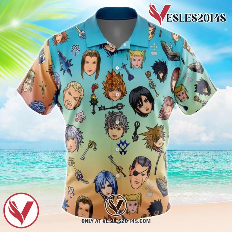 Kingdom Hearts Pattern Hawaiian Button Up Shirt, Perfect Gifts For Anime Lovers - Vesles2014S