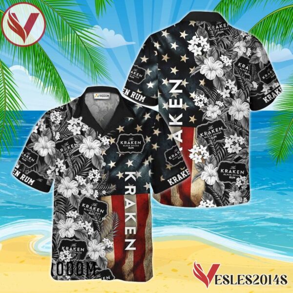 Kraken Rum American Flag Tropical Flower Hawaiian Shirt, Best Summer Gifts For Fans - Vesles2014S