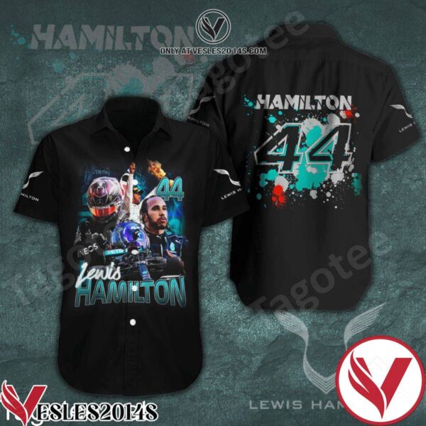 Lewis Hamilton 44 Mercedes AMG Petronas F1 Team Black Hawaiian Shirt And Short, Unique Gifts For Friends - Vesles2014S 1