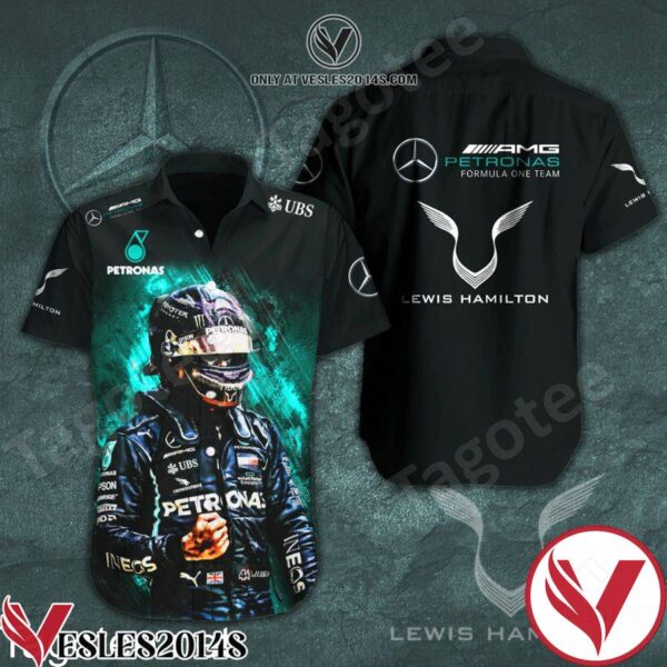 Lewis Hamilton Mercedes AMG Petronas F1 Team UBS Black Hawaiian Shirt And Short, Unique Gifts For Friends - Vesles2014S 1
