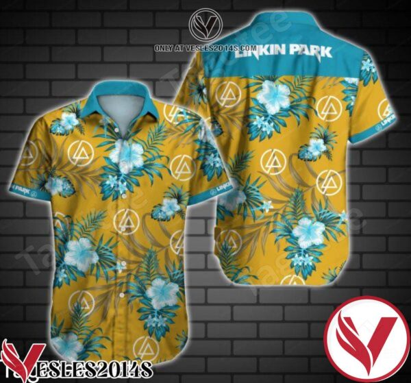 Linkin Park Blue Tropical Floral Yellow Hawaiian Shirt, Unique Gifts For Friends - Vesles2014S 1