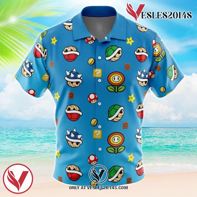 Mario Bros Items Pattern Hawaiian Button Up Shirt, Perfect Gifts For Anime Lovers - Vesles2014S