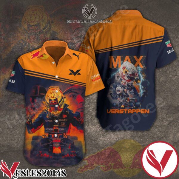 Max Verstapen Red Bull Racing Orange Navy Hawaiian Shirt And Short, Unique Gifts For Friends - Vesles2014S 1