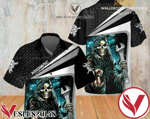 Mechanic Grim Cool Skull Short Sleeve Hawaiian Shirt, Unique Gifts For Friends - Vesles2014S 1