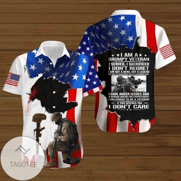 Memorial Day American Flag I Am A Grumpy Veteran I Seved I Sacrificed I Don't Regret Graphic Print Short Sleeve Hawaiian Casual Shirt Vesles2014S