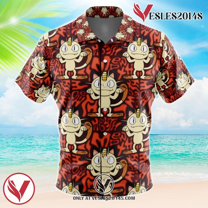 Meowth Pokemon Hawaiian Button Up Shirt, Perfect Gifts For Anime Lovers - Vesles2014S