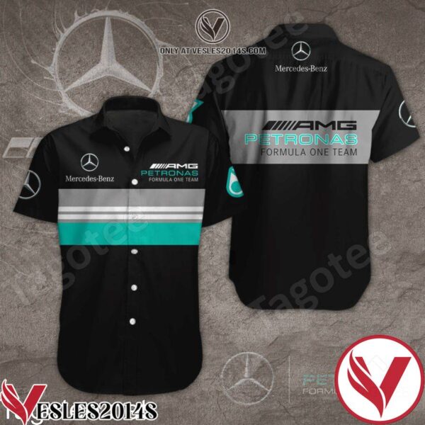 Mercedes AMG Petronas F1 Team Stripes Black Gray Hawaiian Shirt And Short, Unique Gifts For Friends - Vesles2014S 1