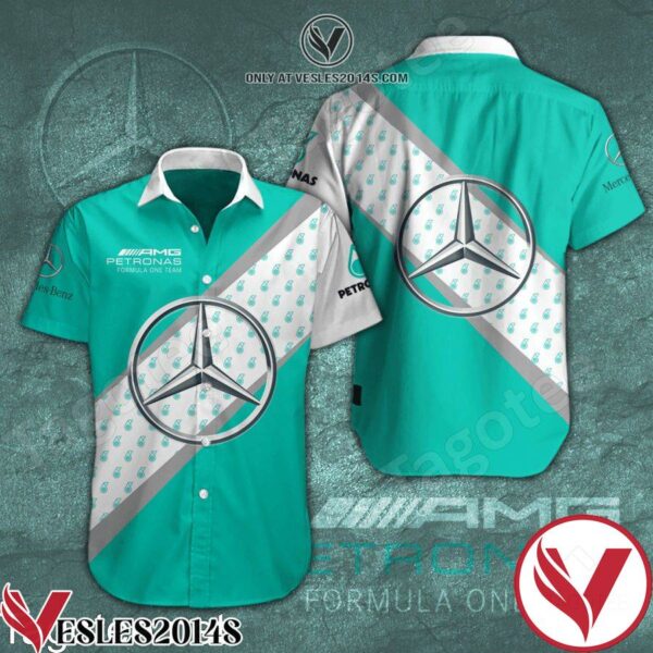 Mercedes AMG Petronas F1 Team Turquoise Hawaiian Shirt And Short, Unique Gifts For Friends - Vesles2014S 1
