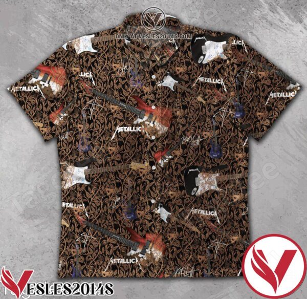 Metallica Guitars Brown Foliage Background Hawaiian Shirt, Unique Gifts For Friends - Vesles2014S 1
